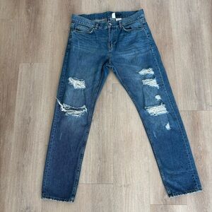 H&M Divided Womens Jeans 33 Medium Mid Wash Blue Distressed Ripped Slim Fit